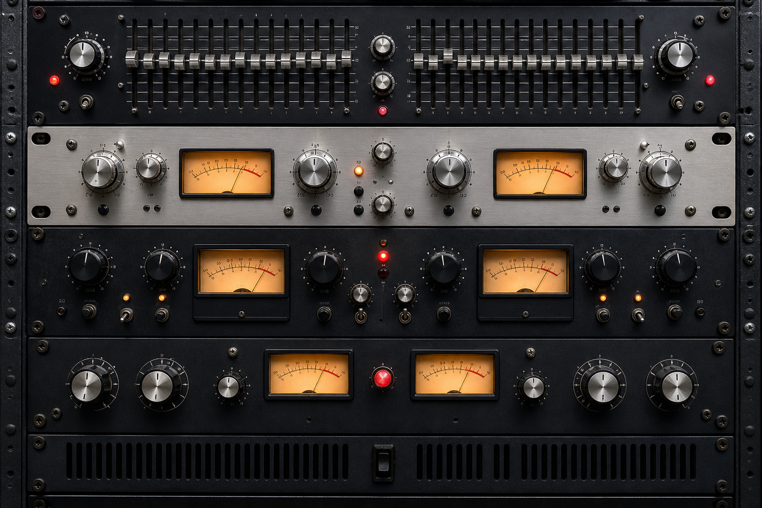 Rack d'outils analogiques (égaliseurs, compresseurs, vumètres) utilisés pour le mastering audio