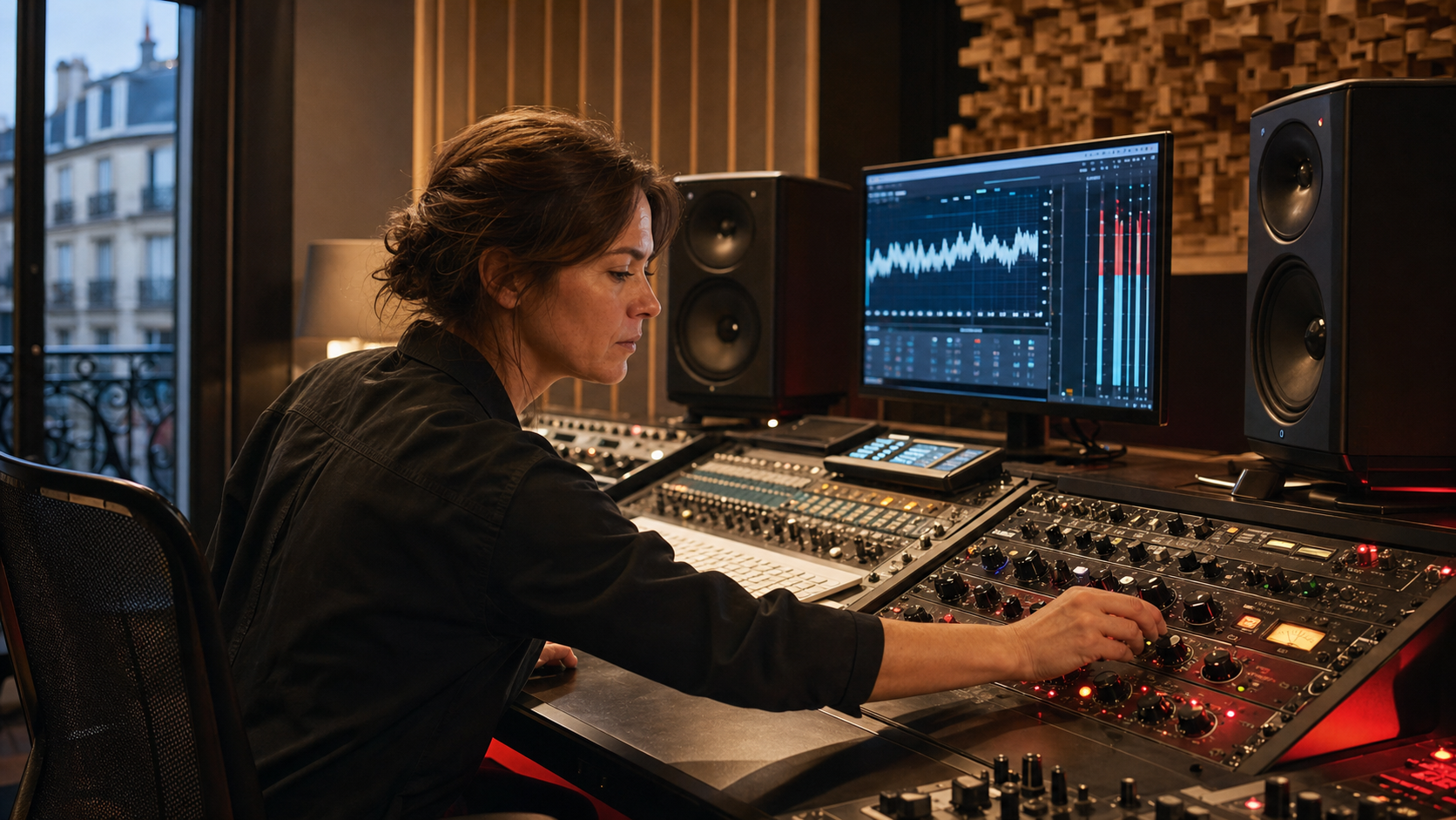 Pauline Fabre en pleine séance de mastering audio dans son studio à Boulogne-sur-Mer, face à sa console et ses moniteurs
