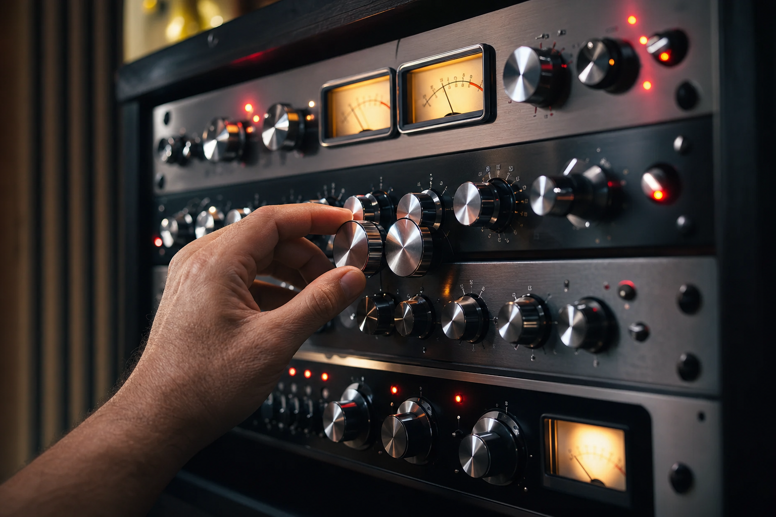 Ingénieure du son ajustant des compresseurs et égaliseurs analogiques pour un mastering stéréo haute fidélité