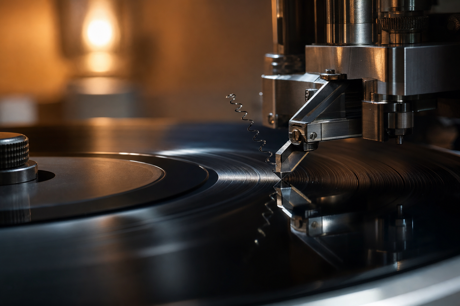 Gravure d'un disque vinyle sur un tour de gravure, master prêt pour la presse