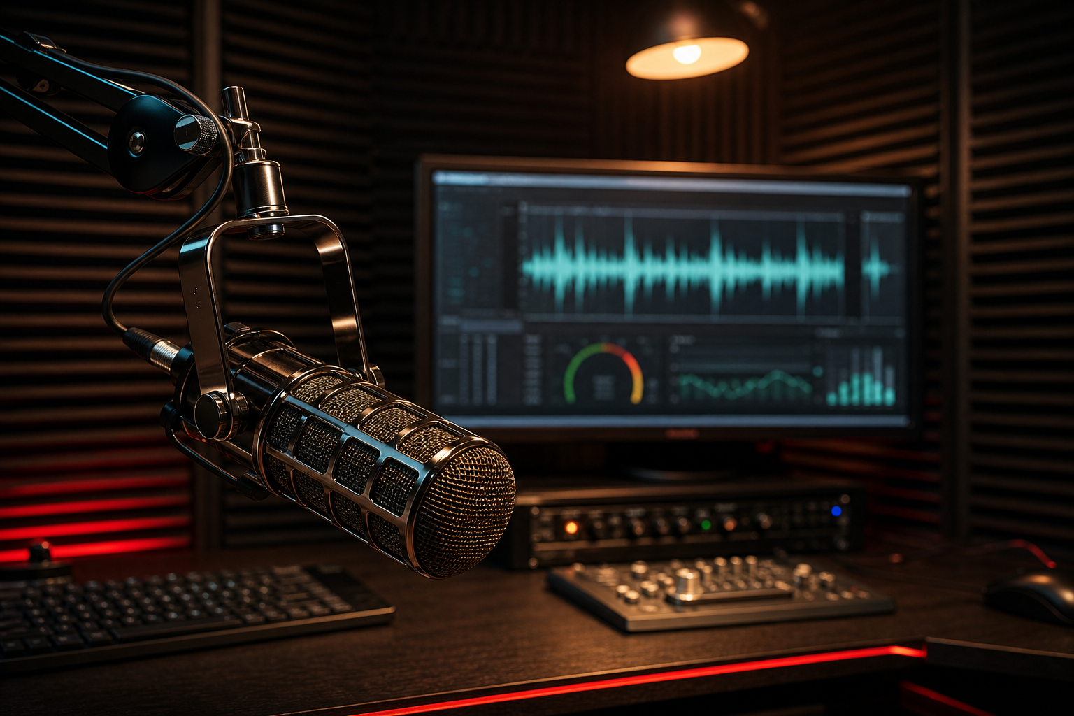 Séance de mastering vocal pour podcast avec micro et forme d'onde de loudness à l'écran